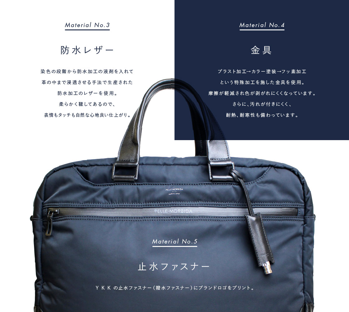 Material No.3: 防水レザー: 染色の段階から防水加工の液剤を入れて
革の中まで浸透させる手法で生産された防水加工のレザーを使用。柔らかく鞣してあるので、表情もタッチも自然な心地良い仕上がり。/ Material No.4: 金具: ブラスト加工→カラー塗装→フッ素加工 という特殊加工を施した金具を使用。摩擦が軽減され 色が剥がれにくくなっています。さらに、汚れが付きにくく、耐熱、耐寒性も備わっています。/ Material No.5: 止水ファスナー: YKKの止水ファスナー(撥水ファスナー)に ブランドロゴをプリント。